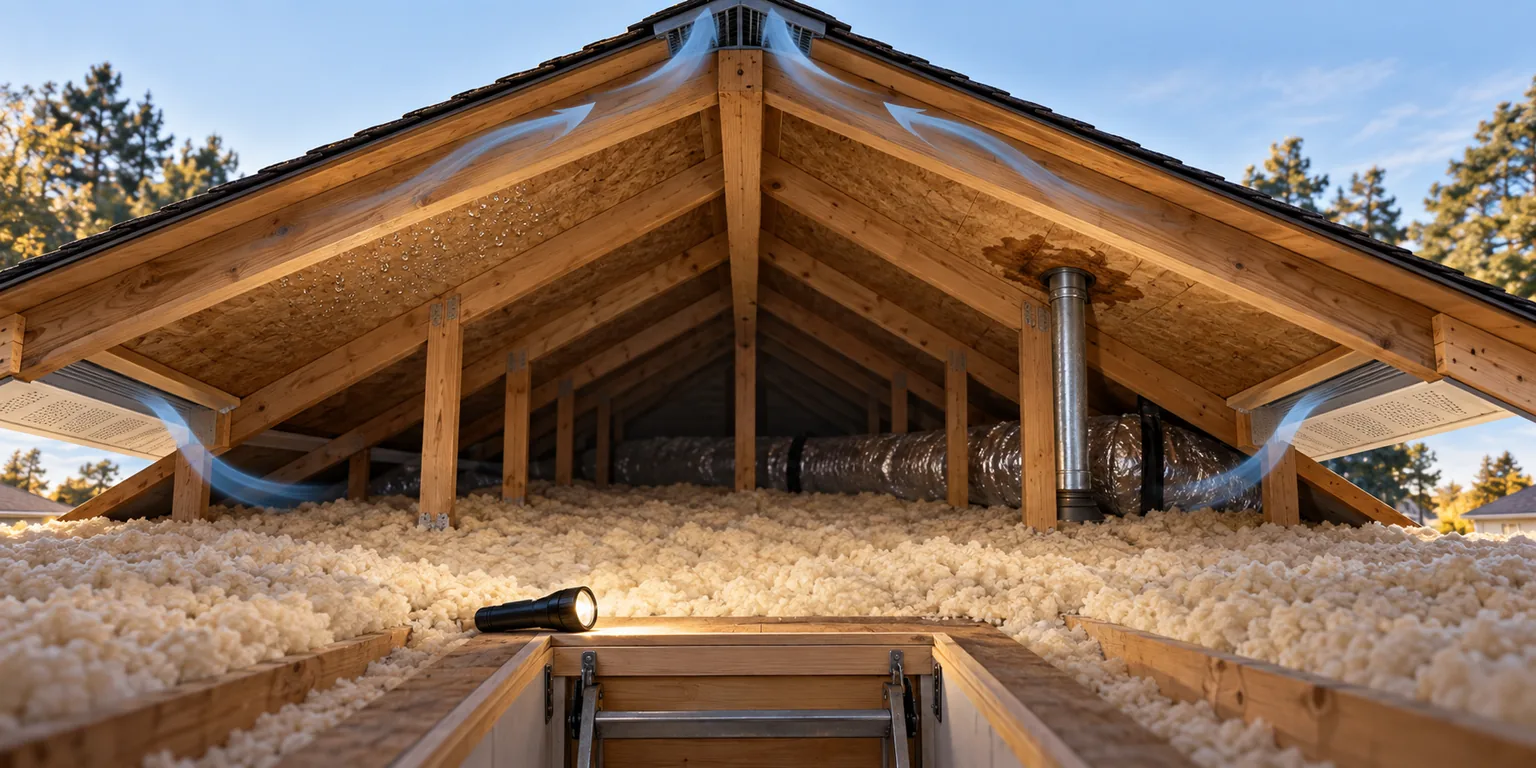 An attic cross-section showing insulation, airflow, condensation, and a leak clue.