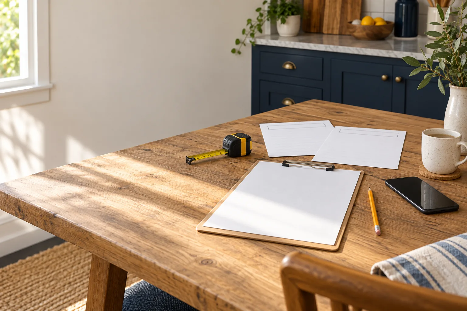 A blank contractor comparison worksheet beside estimates and a measuring tape.