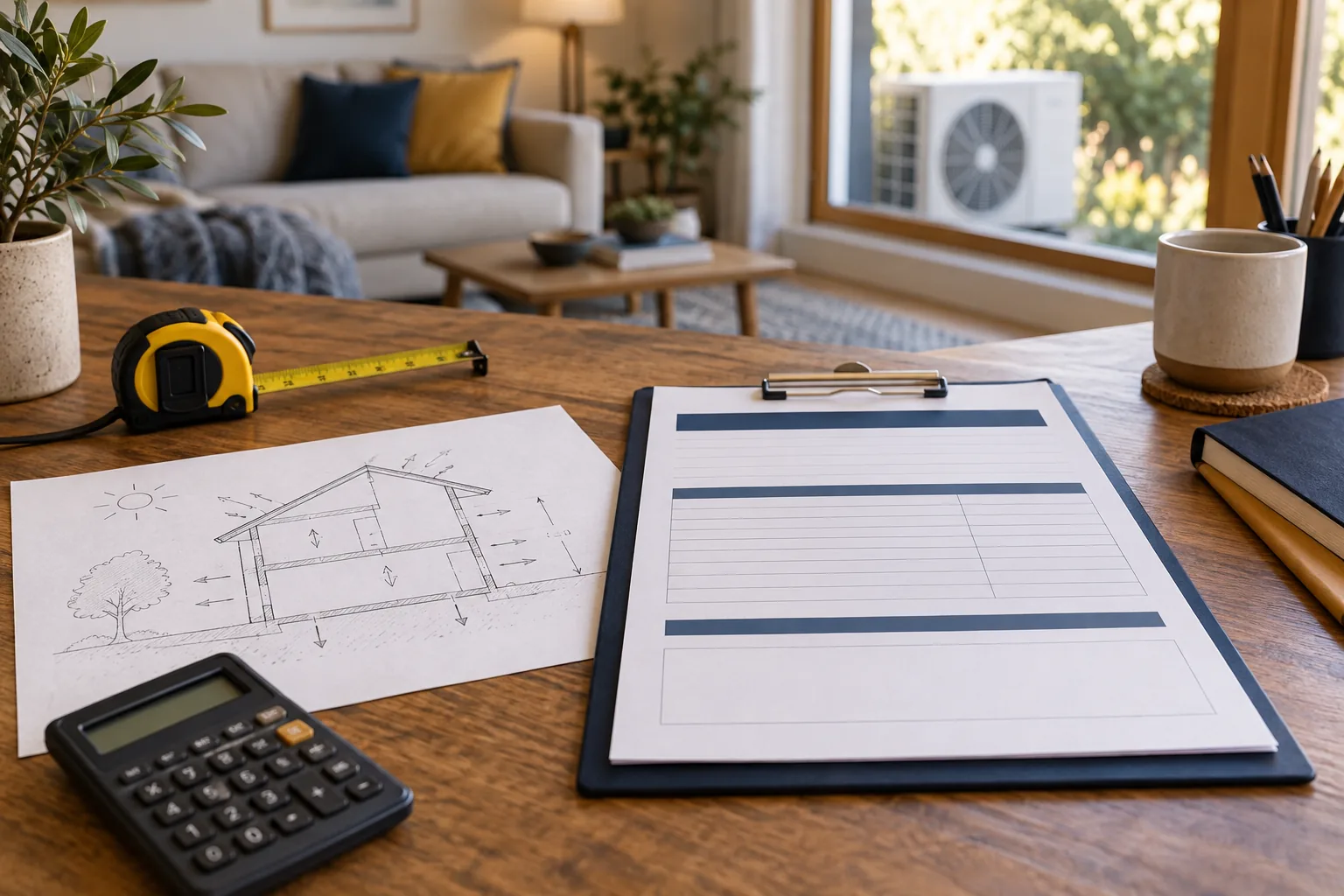 A heat-pump estimate beside a building heat-load sketch and measuring tools.