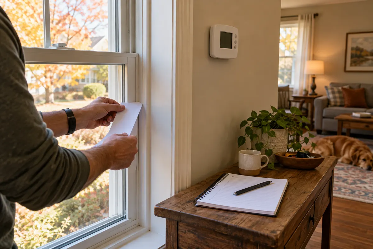 Un carnet d’entretien et un thermostat près d’un contrôle saisonnier du chauffage.