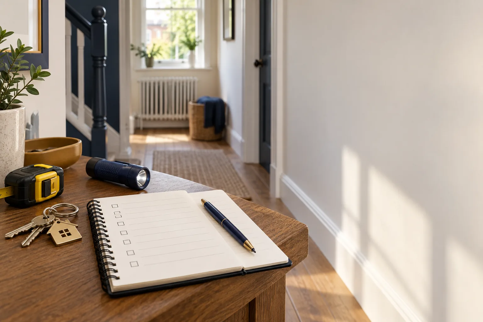 A home maintenance notebook beside keys, a flashlight, and a measuring tape.