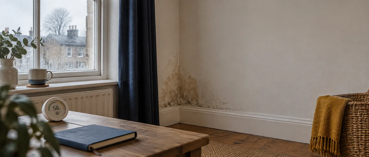 A room with window condensation, a moisture mark, a hygrometer, and a notebook.