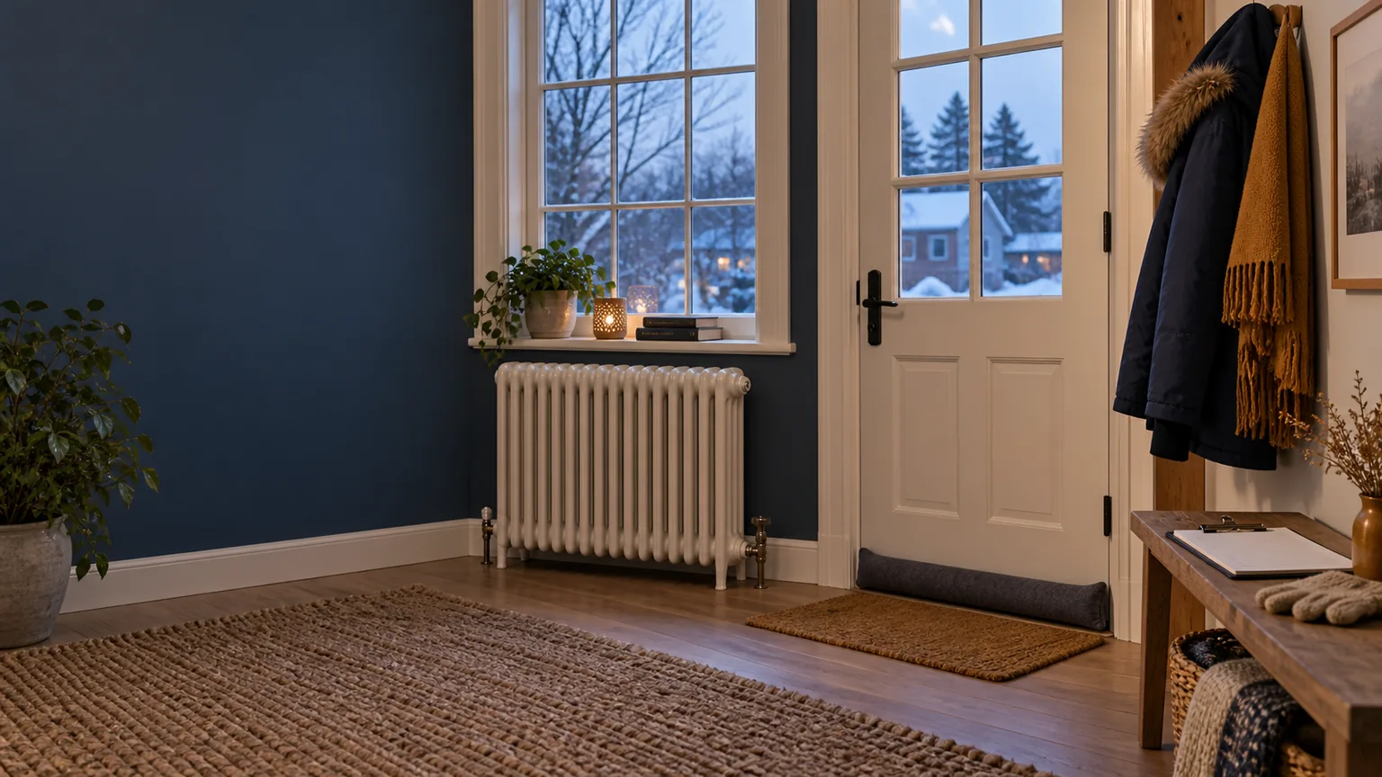 A modest home prepared for cold weather with a radiator, sealed window, and checklist.